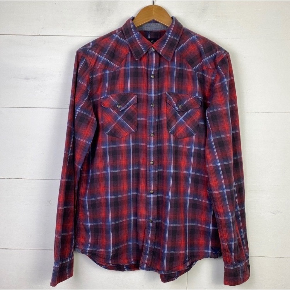American Eagle Slim Fit Shirt Men M Tartan Red Navy Plaid Long Sleeve Pearl Snap
